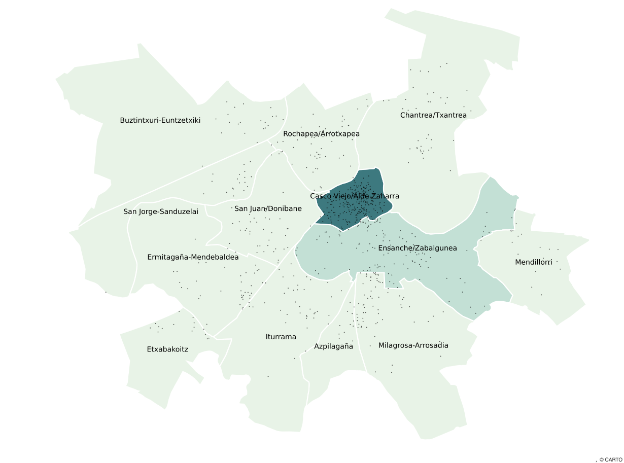 Mapa de densidad de alojamientos por viviendas de cada barrio