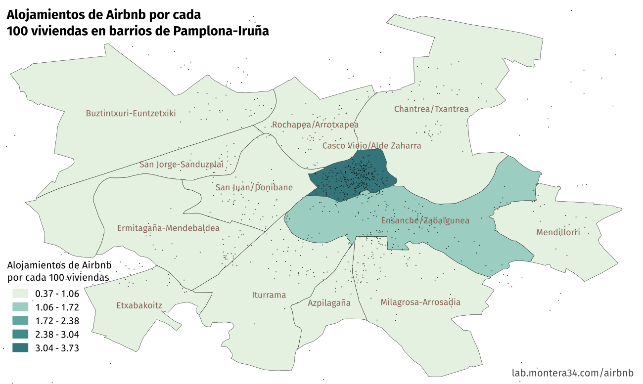 mapa de barrios de Pamplona con el ratio de alojamientos de Airbnb por cada 100 vivienas