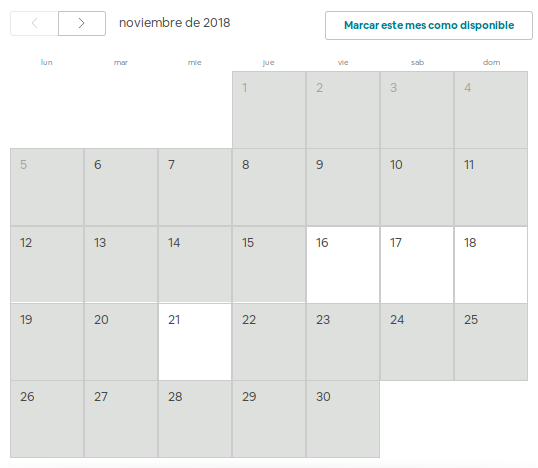 Calendario para definir la disponibilidad para que un alojamiento sea alquilado en Airbnb